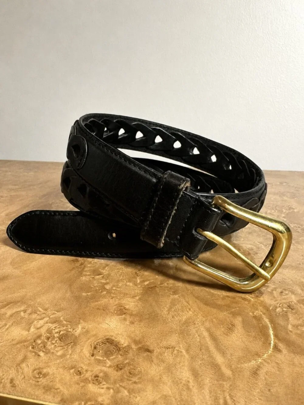 J. Rigging Black Leather Braided Overlay Belt Solid Brass Buckle Size 34 USA